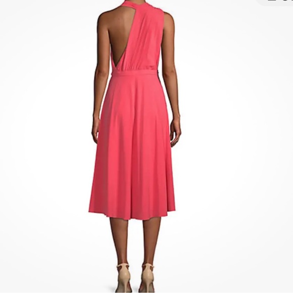 HALSTON HERITAGE Crepe Halter Rings Embellished Sleeveless Jersey Dress Coral, 0 - Picture 3 of 10